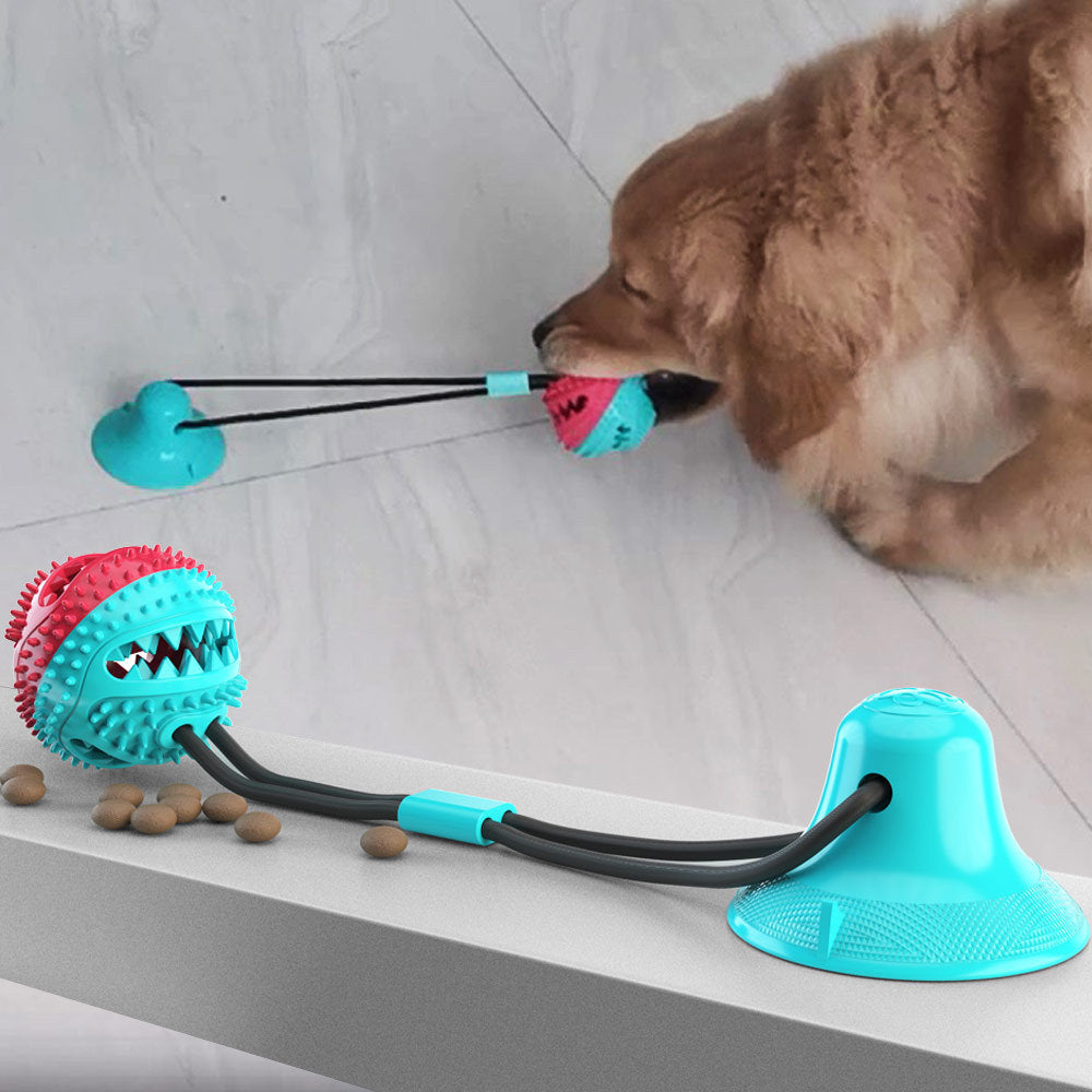 Multifunction Pet Molar Bite Toy With Suction Cup Interactive Dog Rope Toys Self-playing Rubber Ball Cleaning Teeth Treat Dispensing Ball - Blue